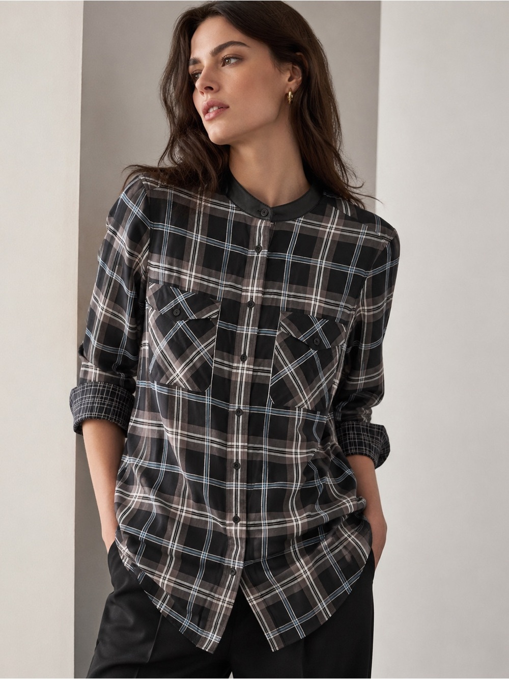Vince Lambskin Leather Collar Black, Gray & Light Blue Plaid Button-Down Shirt